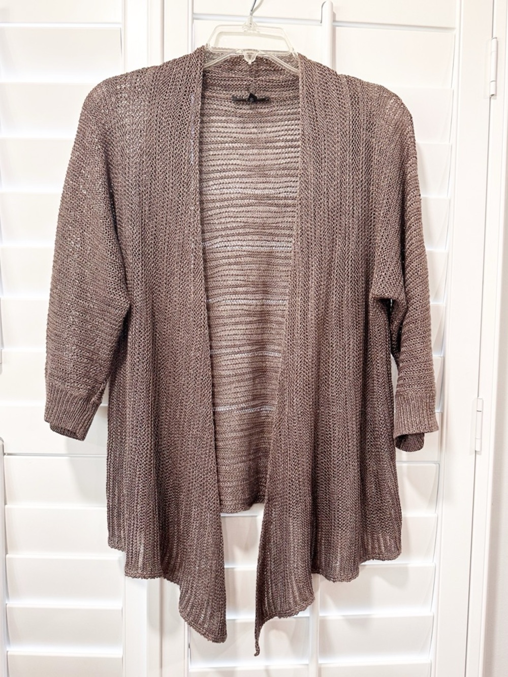Eileen Fisher Linen Silk Open Knit Cardigan Drape Front Brown Size Medium